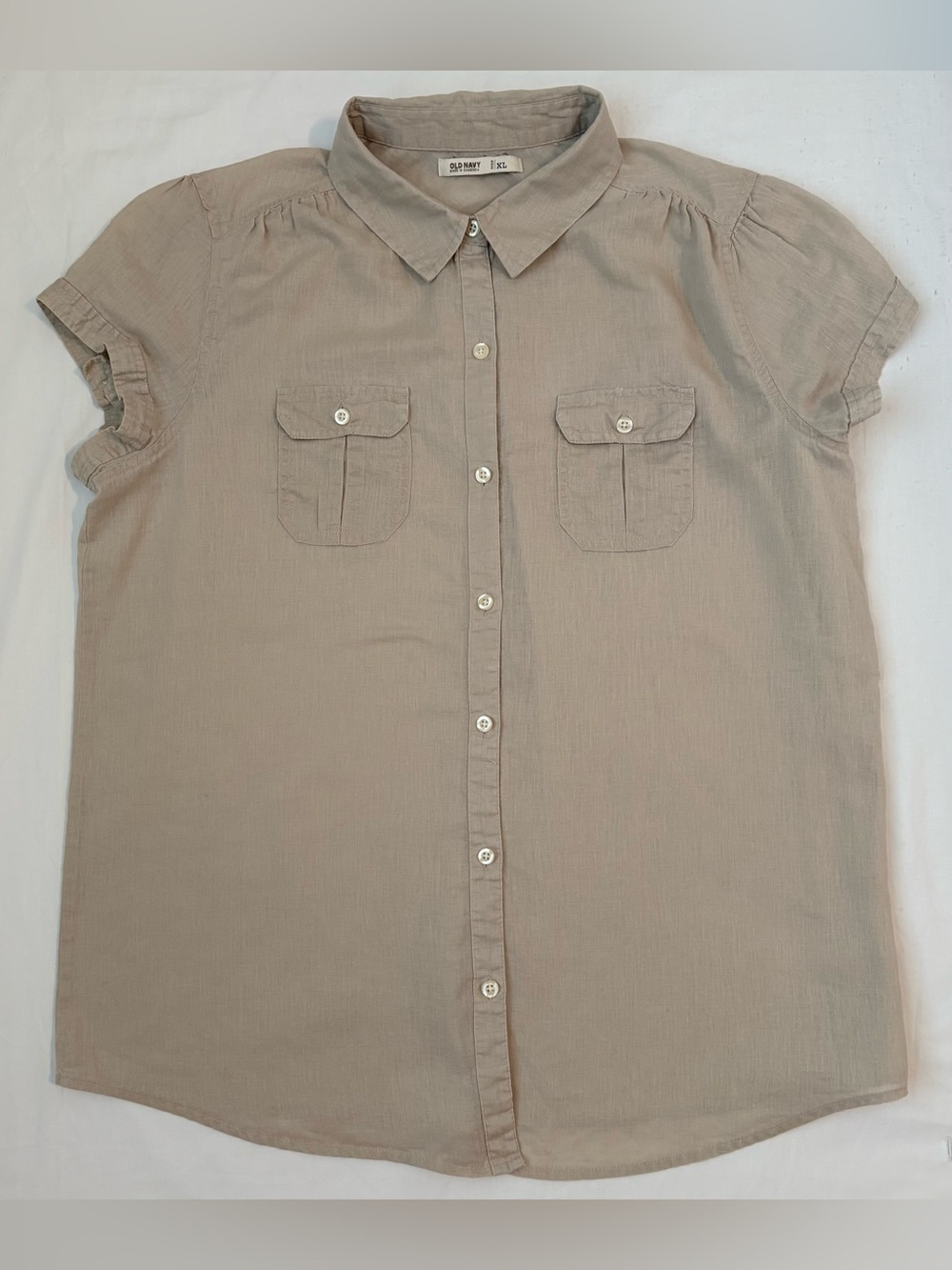 Old Navy Khaki Tan Linen Cotton Button Down Camp Collar Shirt Top Size XL